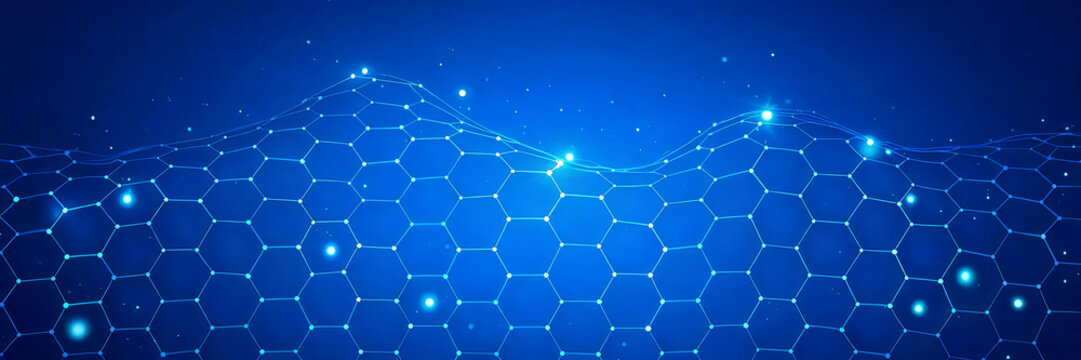 A futuristic digital background featuring a glowing hexagonal network wave, representing modern technology and data connectivity.