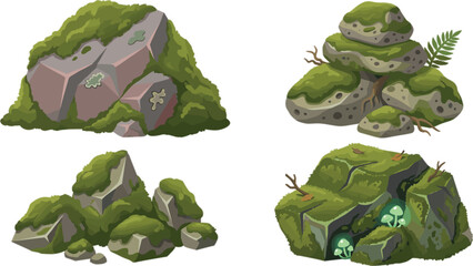 Set of mossy green stones and fantasy rocks vector illustrations © ARIFUL