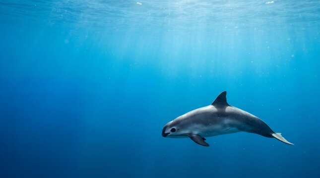 Single vaquita swimming through beautiful blue gradient ocean background with generous copy space