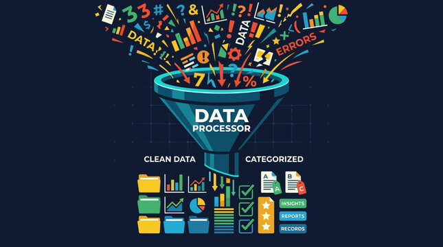 Data processor funnel sorting and categorizing messy information into clean structured data for analysis