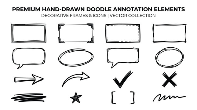 Premium hand-drawn doodle annotation elements vector collection. decorative frames and icons for design projects and presentations.