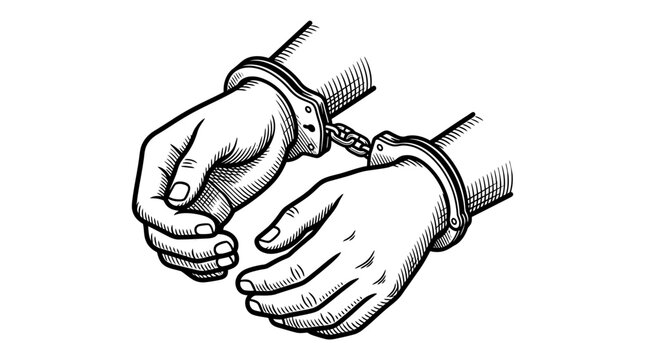 Black and white woodcut style illustration of handcuffed hands