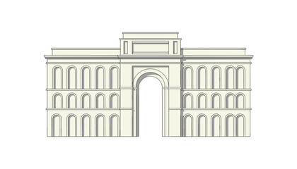Fototapeta premium Classic architectural building with multiple arched windows and a large central archway isolated on white.