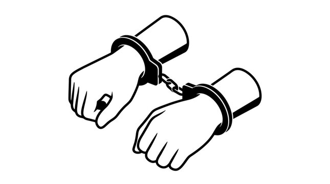 Black and white isometric illustration of hands in handcuffs
