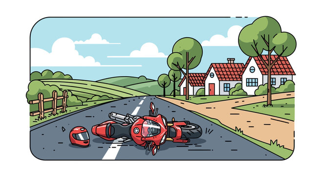 Motorcycle accident on roadside fallen bike and helmet illustration