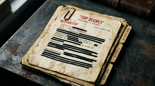 Top secret redacted document on desk. Confidential classified file with black ink markers.