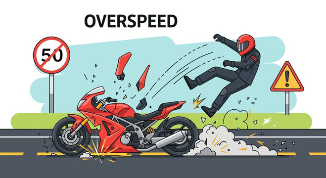 Motorcycle accident illustration showing danger of overspeeding on road