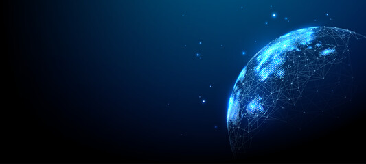Obraz na płótnie Canvas Global network connects digital world with glowing data lines across Earth's sphere, creating futuristic tech visualization for worldwide communication and internet concepts.