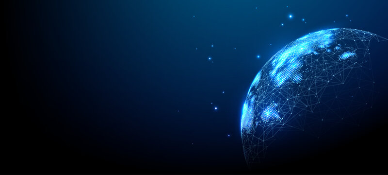 Global network connects digital world with glowing data lines across Earth's sphere, creating futuristic tech visualization for worldwide communication and internet concepts.