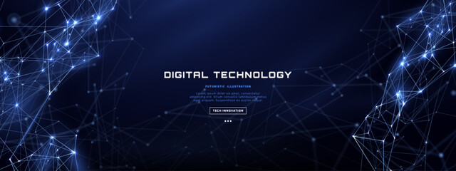 Network Background With Abstract Digital Border, Connected Data Nodes, Polygon Mesh and Glowing Lines. Technology Design for AI, Cloud Computing, Big Data, Communication and Innovation. © AntonKhrupinArt