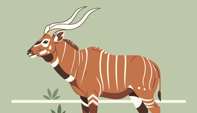 African bongo antelope with long spiral horns standing on a soft green nature background illustration.