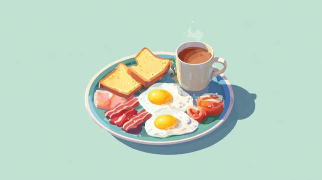 Isometric breakfast plate illustration featuring fried eggs, bacon strips, toast slices, and a cup of steaming coffee, rendered in flat colorful vector style on a minimal background