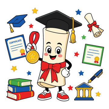 Graduation diploma scroll mascot character with medal and academic items