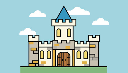 Fototapeta premium Medieval stone castle with towers, blue roof, wooden gate, and soft clouds on a light blue background, vector.