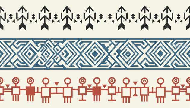 Set of traditional ethnic border seamless patterns in black, blue, and red geometric tribal ornament.