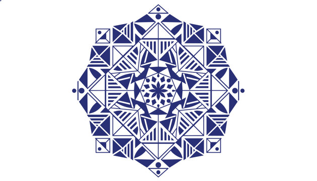 Symmetric blue geometric mandala or snowflake pattern composed of intricate lines, triangles, and shapes on white background.