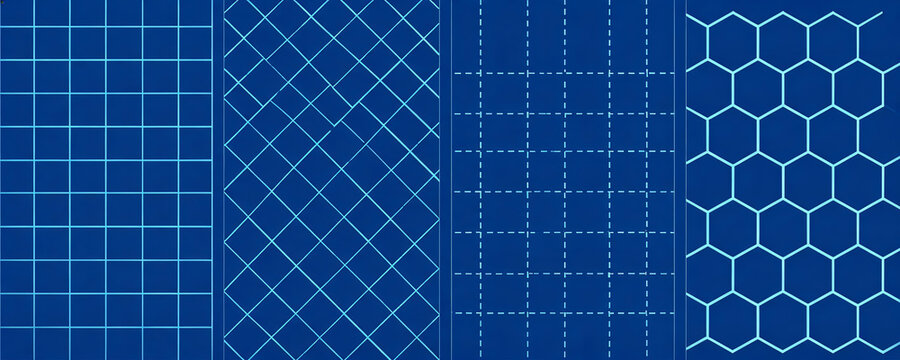 A set of four distinct geometric grid patterns: square, diamond, dashed, and hexagonal, presented on a blueprint-style background for technical or architectural use.