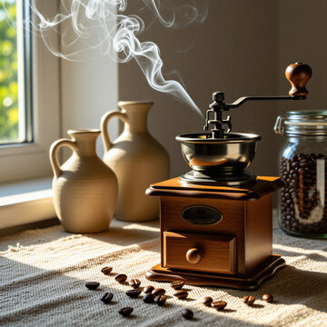 Old wooden coffee grinder with hand crank mechanism sits on table. Smoke swirls from grinder near ceramic jars, roasted beans on linen cloth. Morning sunlight shines through window lighting kitchen