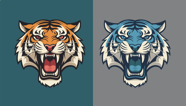 Two powerful tiger heads with aggressive open mouths showing sharp teeth in orange and blue colorways on dark backgrounds.