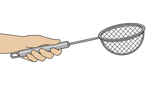 Hand holding a metal mesh strainer ladle or kitchen sifter utensil isolated on a clean white background.