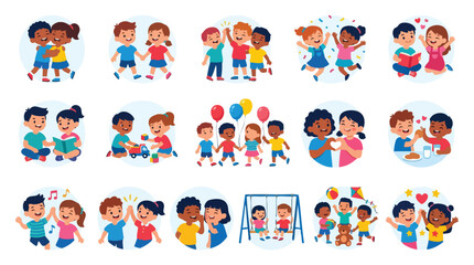 Fototapeta premium Friendship Day icons featuring diverse children in playful and happy moments with Friendship Icons and a friendship
