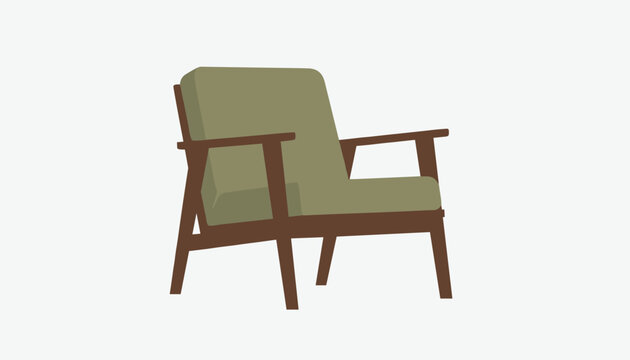 Mid-century modern armchair with olive green cushions and dark brown wooden frame stands on a light gray background.