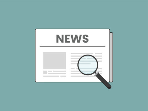 News page lies flat with a magnifying glass hovering nearby. Simple lines and soft colors make this graphic feel calm and clear. It invites viewers to explore details or uncover hidden truths