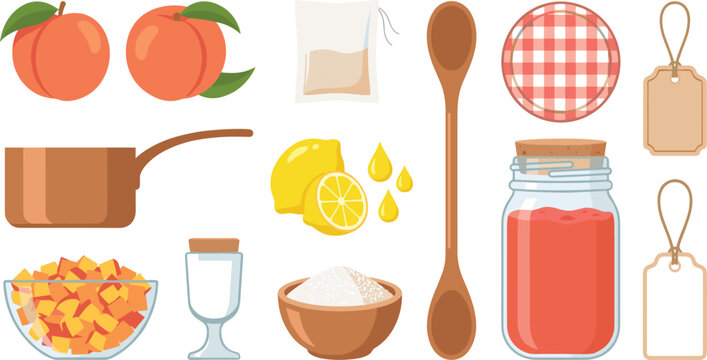 Peach Jam Making Ingredients Collection with Fresh Fruit, Sugar, Lemon, Jar, Saucepan, Wooden Spoon, and Homemade Preserves Vector Set