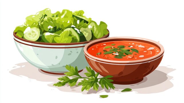 Flat vector illustration of vegan cuisine set featuring fresh green vegetable salad, thick tomato soup in a bowl, and garnished herbs, isolated on white for menu design