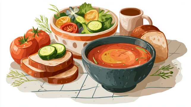 Collection of colorful vector food icons showing healthy vegan dishes, including crisp salad with lettuce and cucumbers, hearty tomato-based soup, and rustic bread slices