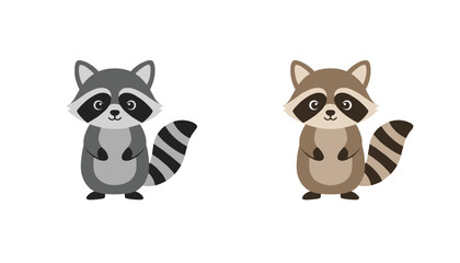 Fototapeta premium Pair of adorable cartoon raccoons with one in grey and one in brown standing side by side on a clean white background.