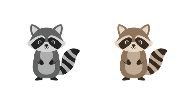 Pair of adorable cartoon raccoons with one in grey and one in brown standing side by side on a clean white background.