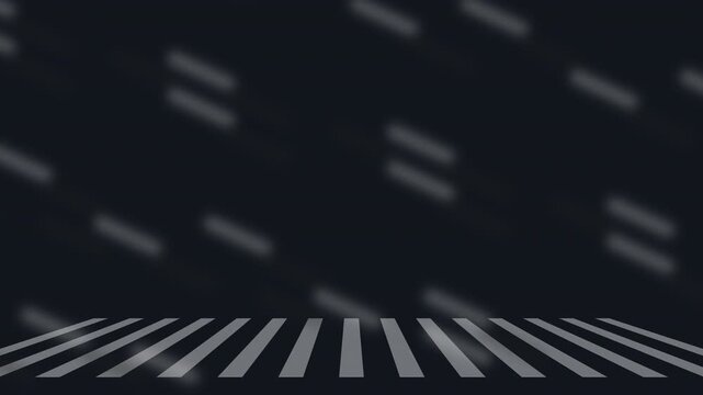 Abstract motion graphics of white diagonal dashes and vertical stripes moving against a dark background.