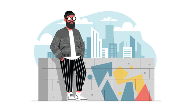 Stylish man with a beard and glasses leaning against a concrete wall with colorful graffiti art and a modern city skyline.