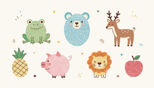 Creative set of animals and fruits made from colorful fingerprint textures including a frog bear deer pig and pineapple.