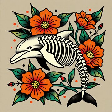 Skeletal dolphin graphic with orange flowers and green leaves in traditional tattoo style. This illustration combines marine life with botanical elements creating unique art for diverse designs.