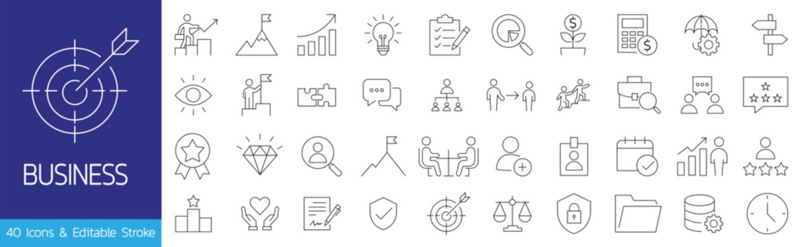Business icons set with editable stroke. Thin line web icon collection for management marketing strategy financial and career growth.Editable stroke, Vector illustration, Line art Icon, Symbols.