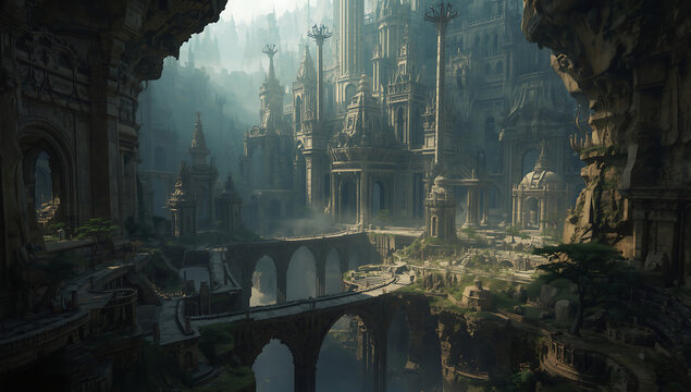 Misty gothic stone cathedral ruins in deep valley