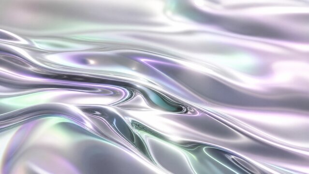 Fluid surface mimicking flowing mercury mixed with iridescent oil in platinum, lavender, and mint tones. High gloss ripples and soft focus in a minimalist wide layout