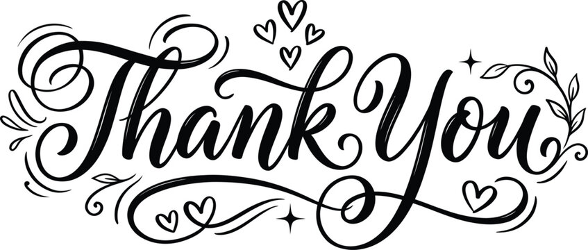 Elegant black and white calligraphy 'thank you' with flourishes and hearts