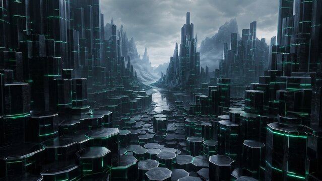A vast architectural valley made of obsidian pillars with emerald light strips. Sci-fi nature concept with sharp focus, ideal for professional corporate IT backgrounds resolution