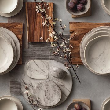 Contemporary tabletop arrangement featuring marble-pattern plates, rustic wooden boards, and chic modern tableware, designed in soft minimalist color palette