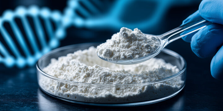 Laboratory analysis of mrna vaccine ingredients close up of powdered substance in petri dish with dna helix background