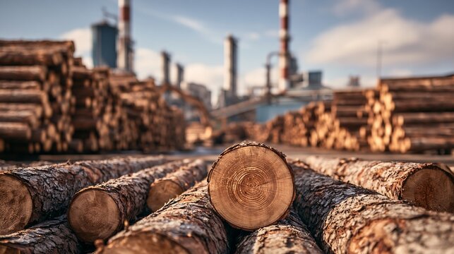 Logs stacked at a lumber mill highlight the raw material processing operations for sustainable paper and wood.