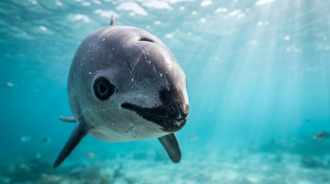 Vaquita facing the camera, distinctive black eye rings and dark lips clearly visible, crystal clear turquoise ocean water, soft natural sunlight filtering through the surface