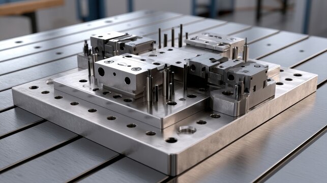 industrial high precision metal mold base component manufacturing equipment heavy machinery steel parts on cnc machine table engineering technology metallic factory workpiece tool and die