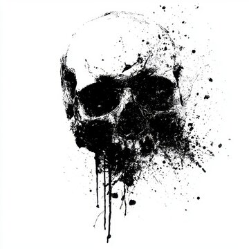 dark black watercolor splatter skull illustration gothic horror art print spooky halloween human cranium design isolated on white background grunge ink painting graphic element poster