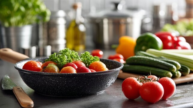 Freshly washed vegetables like tomatoes, cucumbers, peppers, and herbs arranged on sleek kitchen countertop, utensils and cookware in background, healthy home cooking vibe