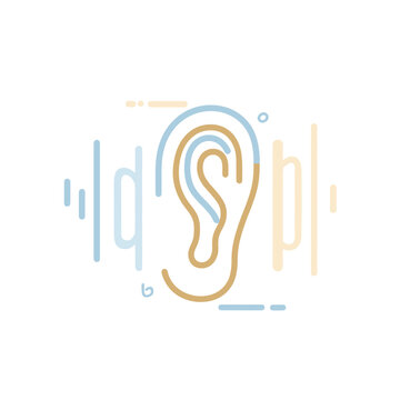 A stylized ear icon is shown with sound waves in a minimalist, modern, two-tone color palette