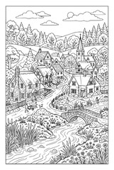 Fototapeta premium Charming Countryside Village Coloring Page with River and Stone Bridge